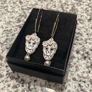 Betsey Johnson White Skull & Flowers Drop Earrings w/ Pearl